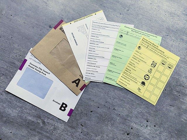 Postal voting pack from the 2021 UK local elections. Picture: Wikimedia Commons.
